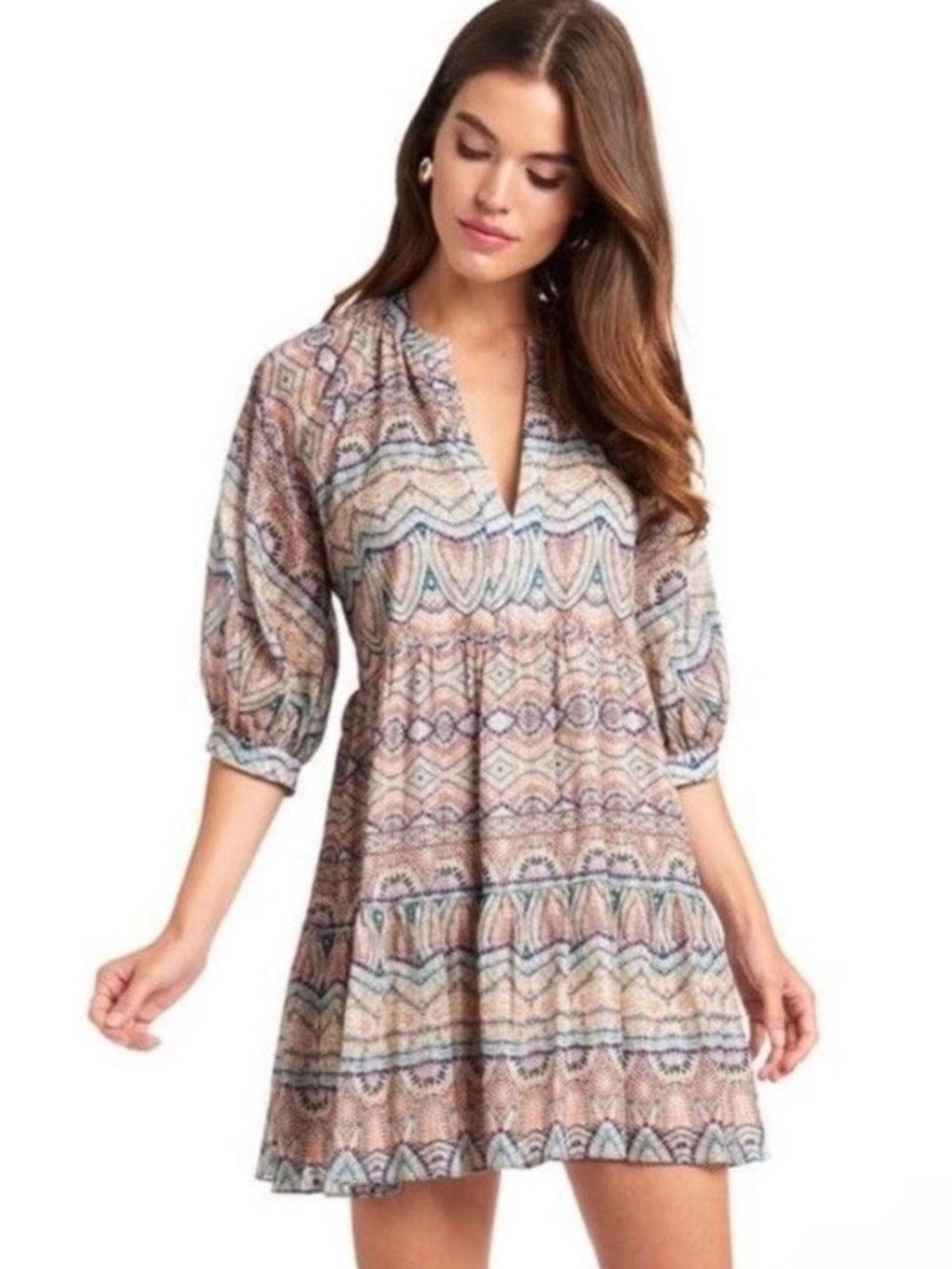 Amanda Uprichard Diego Mini Dress Multi-Print V-Neck Balloon Sleeve Size Medium